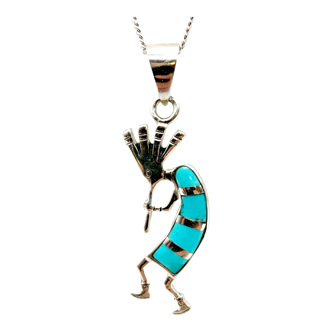 Beautiful *Sterling Silver & Turquoise Inlay KOKOPELLI Necklace 17" Long (13 grams)