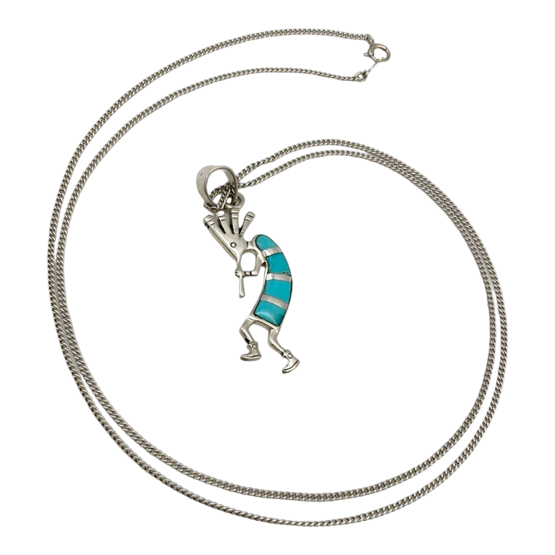 Beautiful *Sterling Silver & Turquoise Inlay KOKOPELLI Necklace 17" Long (13 grams)