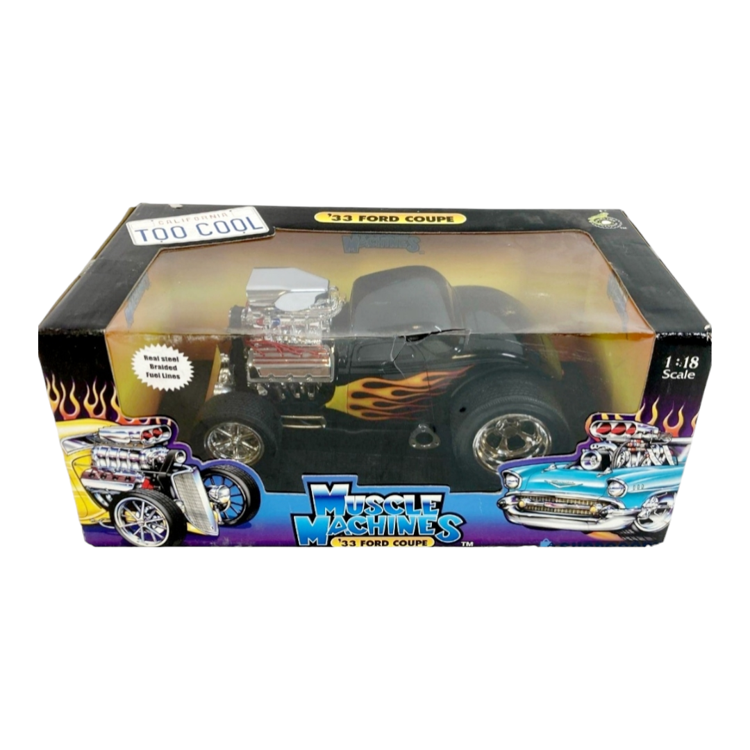 NIB *Muscle Machines Die Cast '33 Ford Coupe Black with Yellow Flames (1:18)
