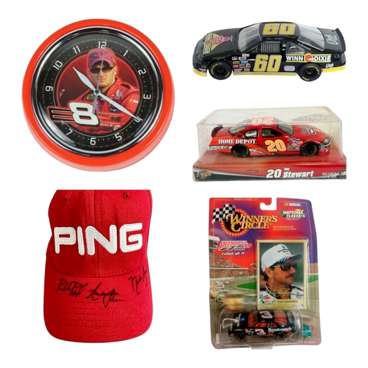 NASCAR Bundle: 3 Nascar Cars, 9" Round Metal Clock, Autographed Red Ping Hat