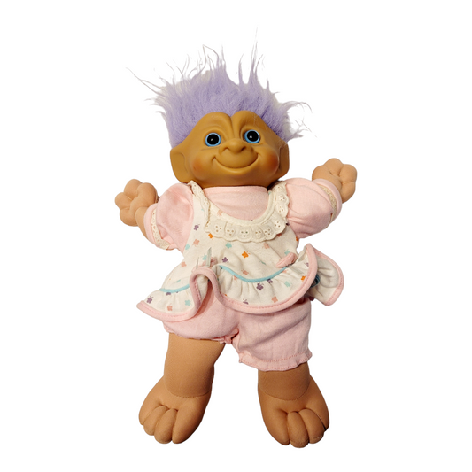 Vintage 1990s "Treasure Troll" Tot Plush Doll w/ Blue Stone (13" Tall w/ Purple Hair)