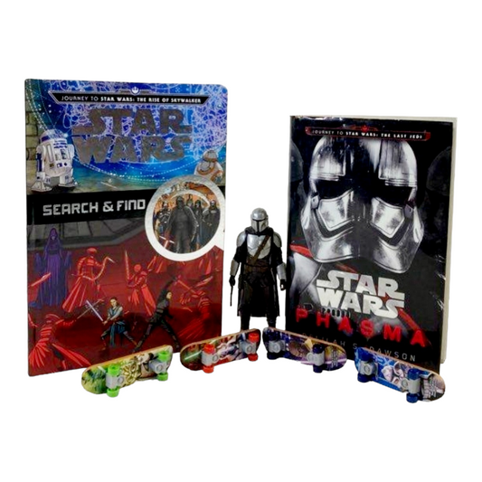 Star Wars Bundle: (2) Star Wars Books, (4) Mini Skate- Boards, Mandalorian Figure