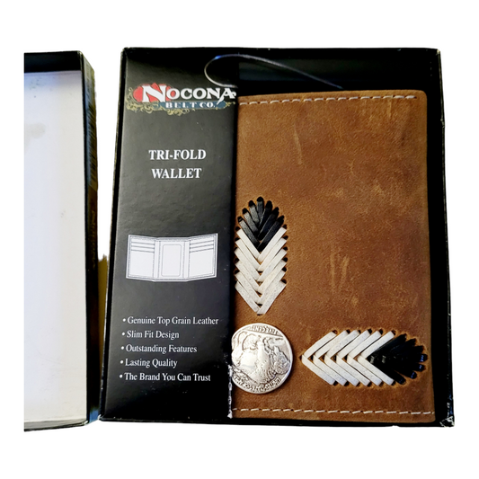 NIB *Nocona Brown Leather Buffalo Nickel Tri-Fold Wallet Slim Fit Design