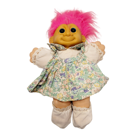Vintage *Russ Troll Doll #2318 Soft Plush Body, Pink Hair, Dress, Rubber Head