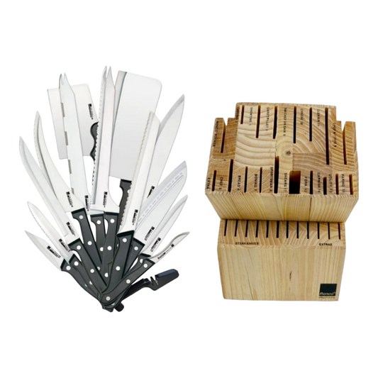 NEW *Ronco Showtime Six Star Wooden Knife Block & 20+ Knives Full-Tang Handle