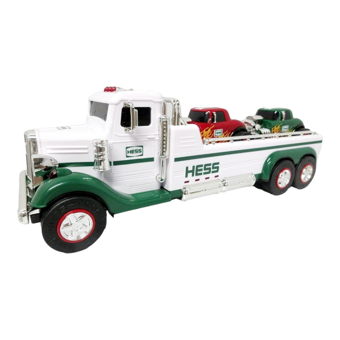 NIB *Hess FlatBed Truck w/ 42 LED Lights & 4 Sounds. Includes (2) Hot Rod Cars