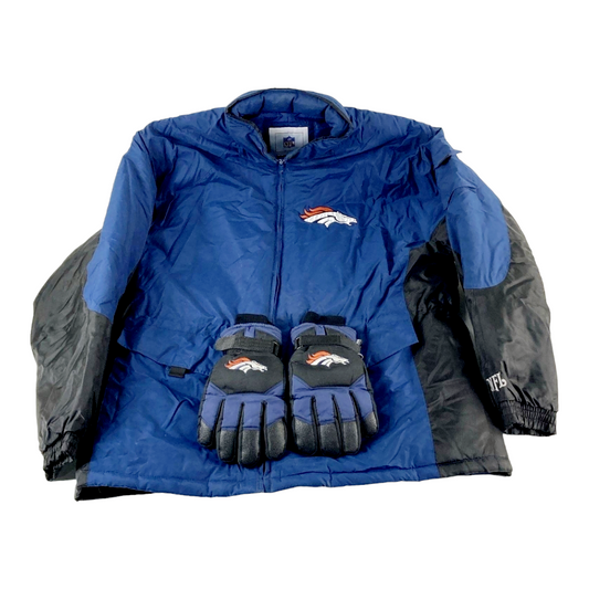 NFL Denver Broncos Jacket & Matching Broncos Gloves (Size XL) Blue/Orange/Black