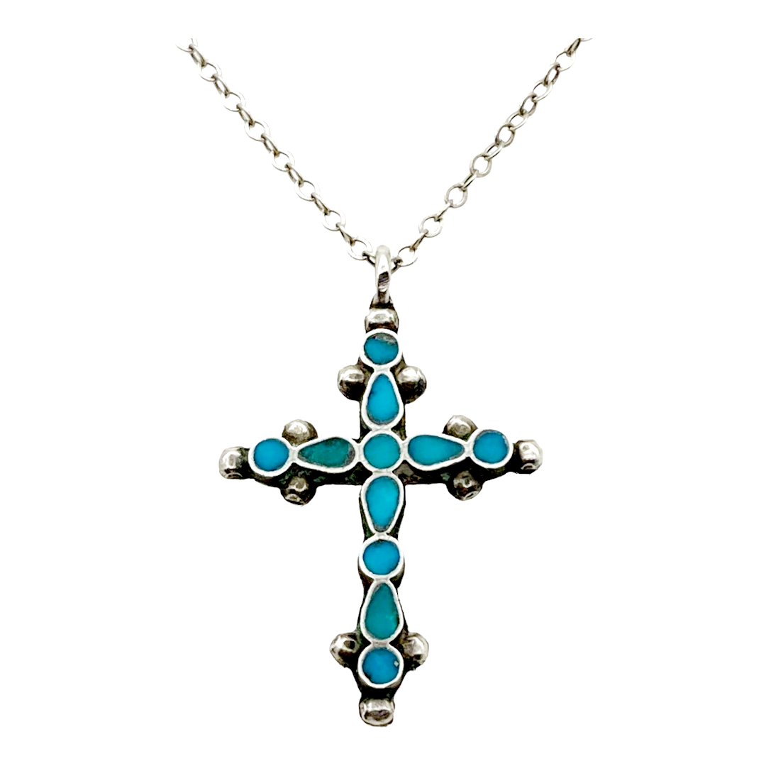 Beautiful *Vintage Unique Sterling Silver & Turquoise Cross 20" Necklace