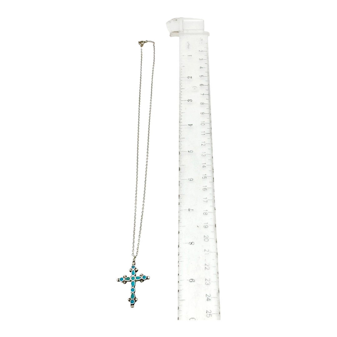 Beautiful *Vintage Unique Sterling Silver & Turquoise Cross 20" Necklace