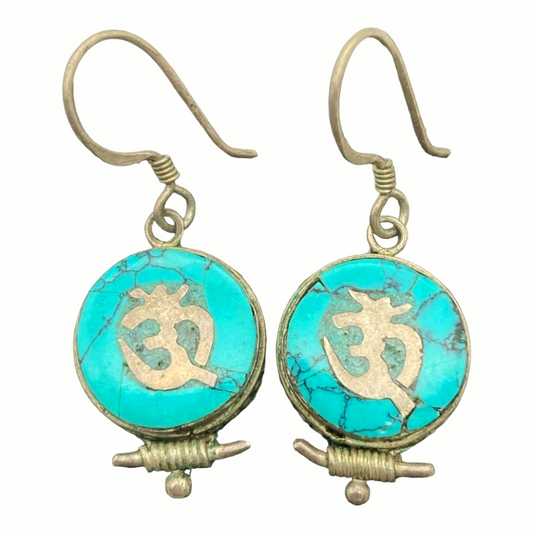 Beautiful *Turquoise Inlaid Tibetan Symbol Earrings Made lg Sterling Silver .925 Hanging Earrings