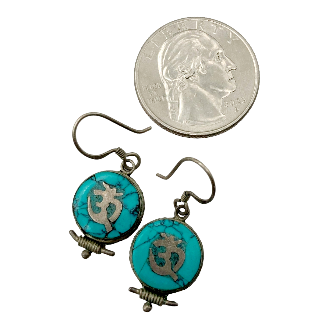 Beautiful *Turquoise Inlaid Tibetan Symbol Earrings Made lg Sterling Silver .925 Hanging Earrings