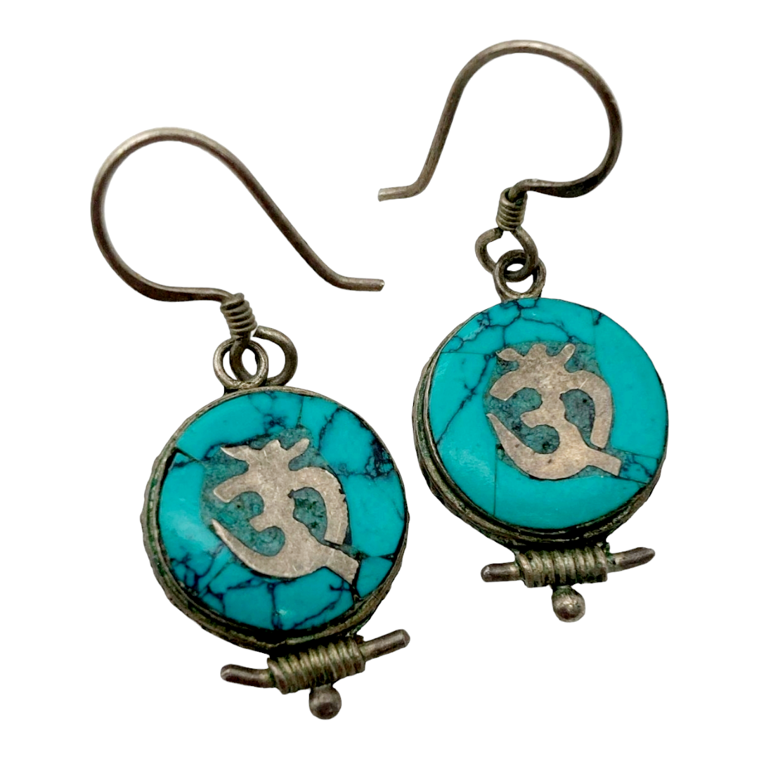 Beautiful *Turquoise Inlaid Tibetan Symbol Earrings Made lg Sterling Silver .925 Hanging Earrings