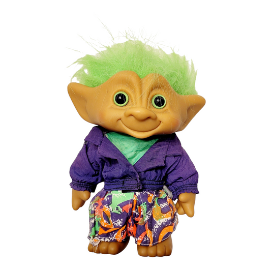Vintage *90's Ace Novelty Green Hair & Eyes Jewel Belly 8" Troll w/ Original Outfit