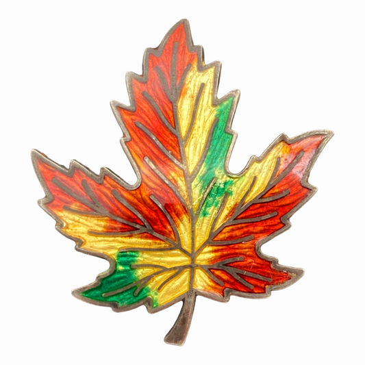 Vintage Sterling Silver & Enamel Maple Leaf 2" Brooch Autumn Pin BMCO