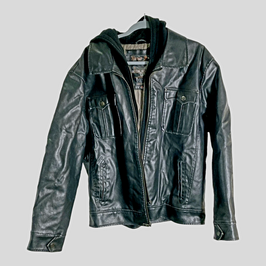 Men's *Brave Soul London Black Motorcycle Jacket w/ Attached Hood (Size XL)