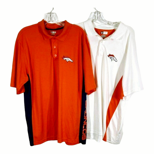 Two *NFL Team Apparel XL Denver Bronco Polo Shirts (Orange Spellout & White)