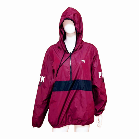 Pink Victoria Secret: Maroon Light Windbreaker Jacket w/ Hoodie Quarter Zipper (Med)
