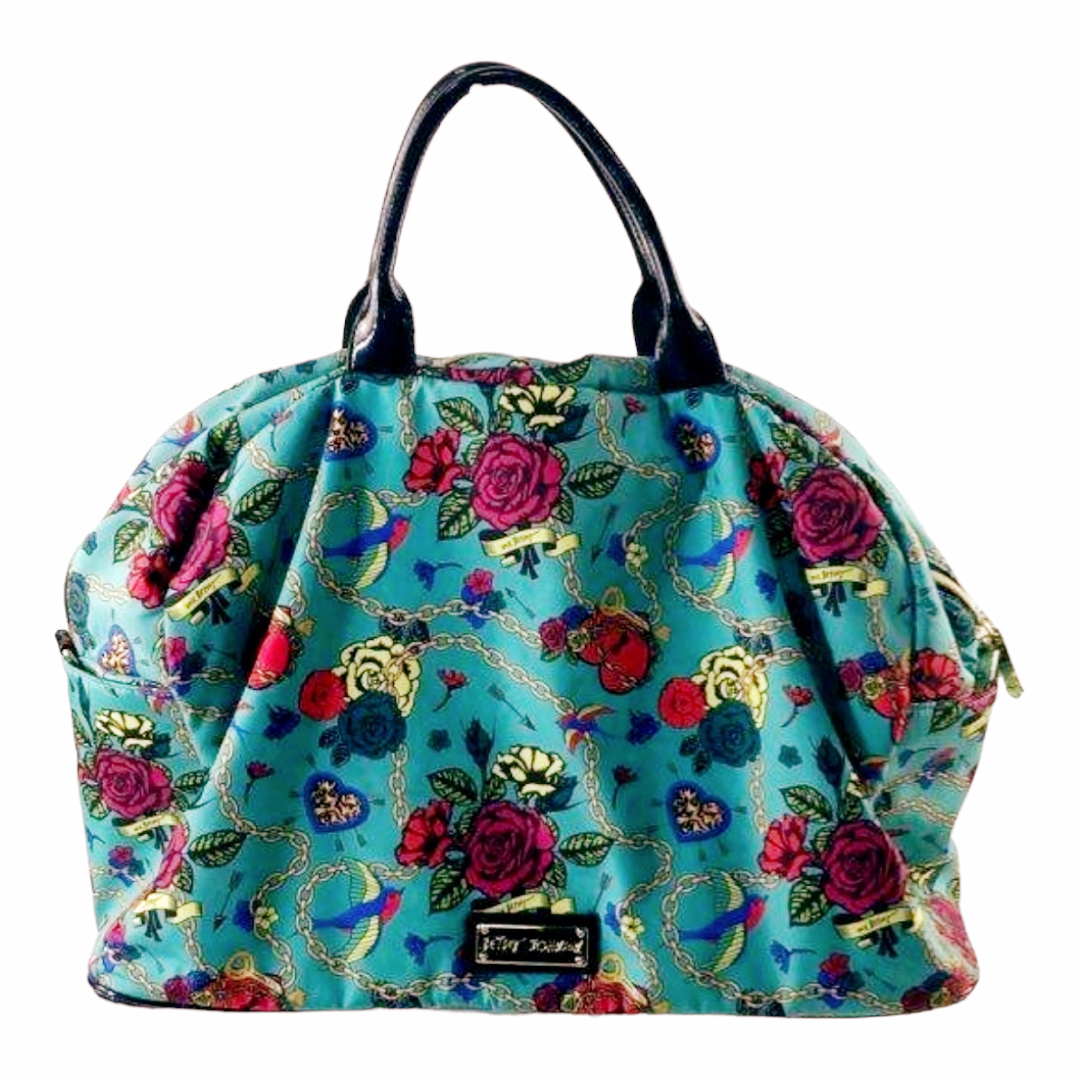 Cute *Betsey Johnson Duffle Bag Large Tote Aqua w/ Red Roses/Keys Quilted Pockets