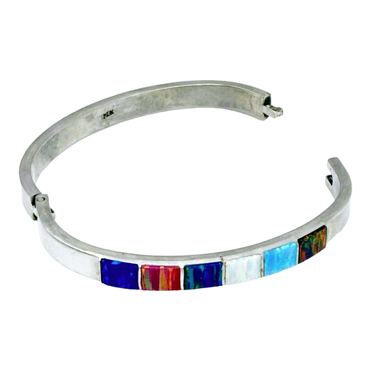 Beautiful *Silver Opal Inlay Gem Stones Bracelet (3.25" × 2.5")