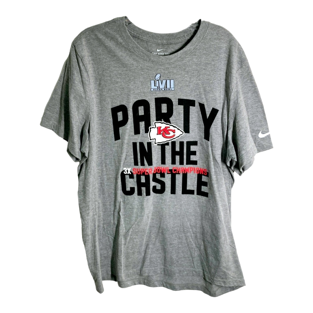 Nike *Men's Gray KC T-Shirt LIVII "Party in the Castle" 3x Superbowl Champions (XL)