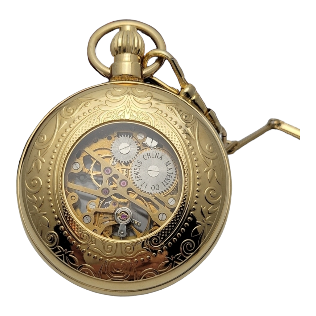 Beautiful *Majesti Co 17 Jewel Skeleton Mechanical Pocket Watch w/ 14" Chain