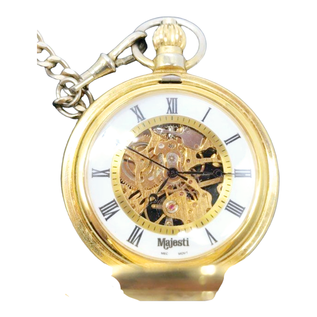 Beautiful *Majesti Co 17 Jewel Skeleton Mechanical Pocket Watch w/ 14" Chain