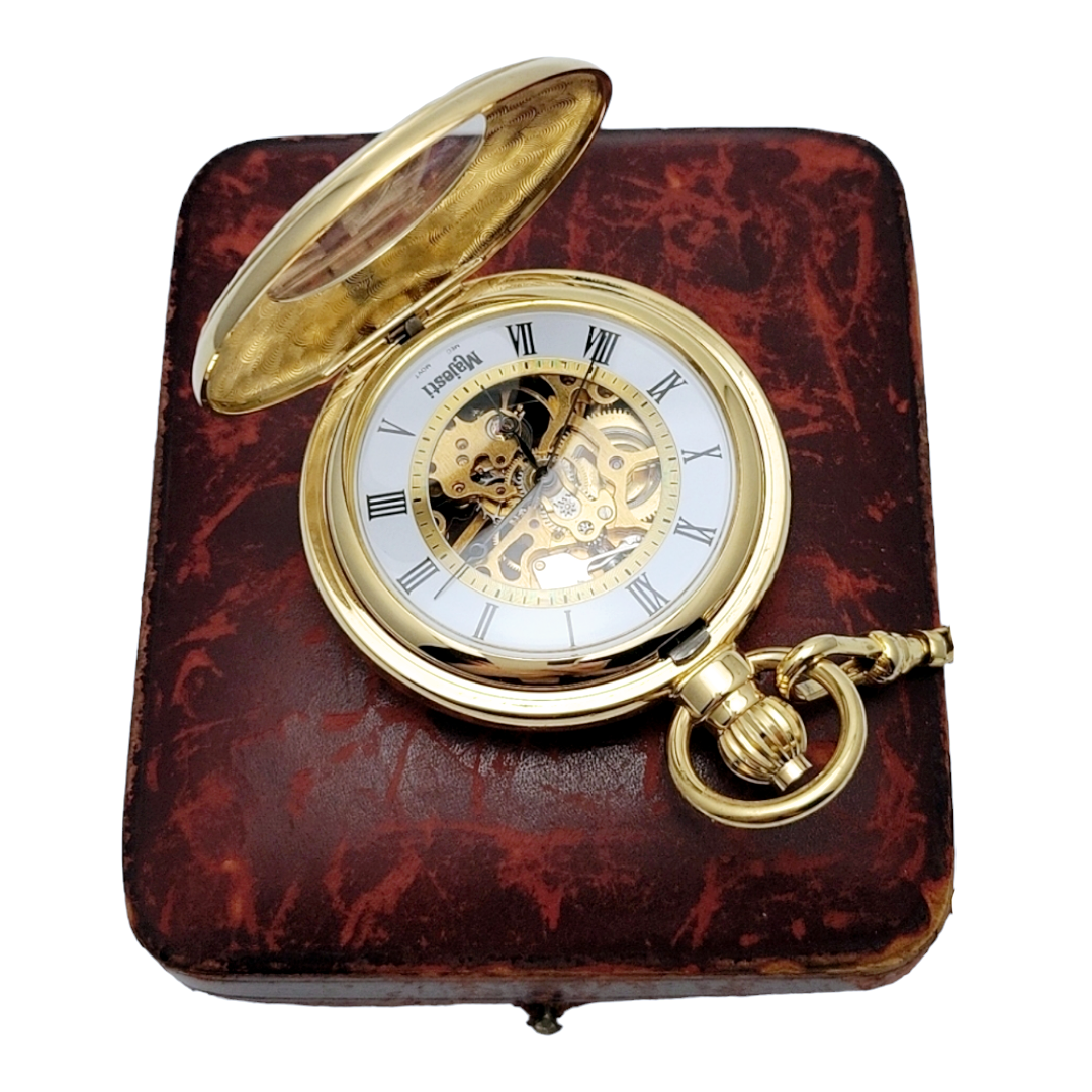 Beautiful *Majesti Co 17 Jewel Skeleton Mechanical Pocket Watch w/ 14" Chain