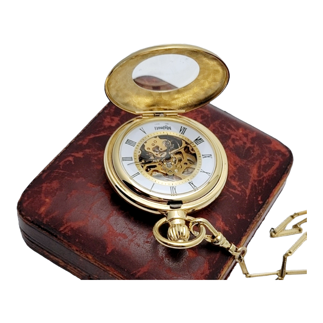 Beautiful *Majesti Co 17 Jewel Skeleton Mechanical Pocket Watch w/ 14" Chain