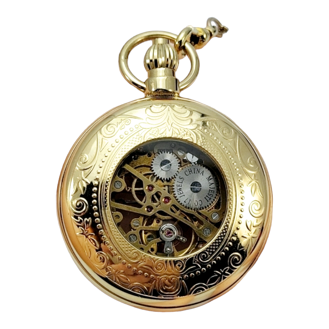 Beautiful *Majesti Co 17 Jewel Skeleton Mechanical Pocket Watch w/ 14" Chain