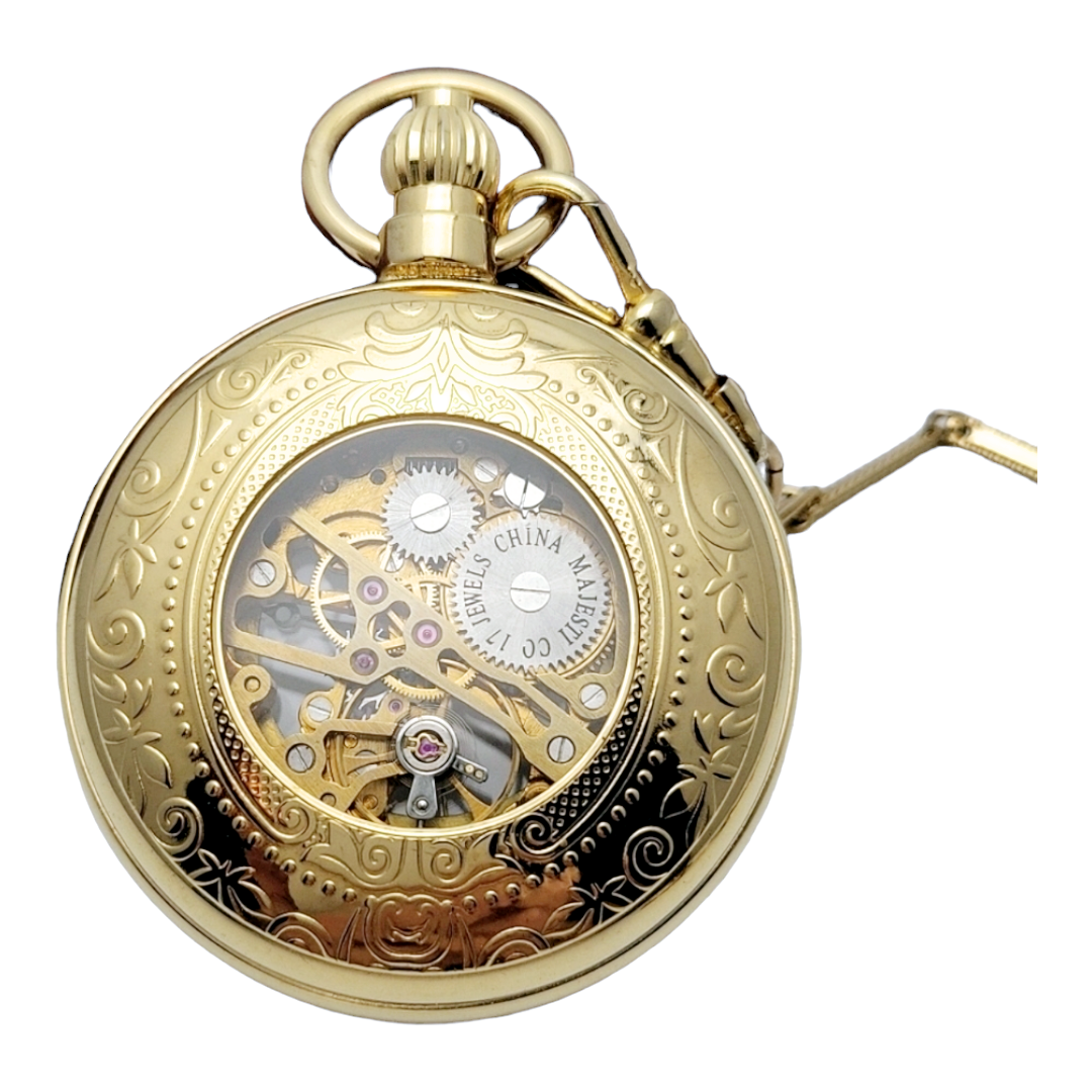 Beautiful *Majesti Co 17 Jewel Skeleton Mechanical Pocket Watch w/ 14" Chain