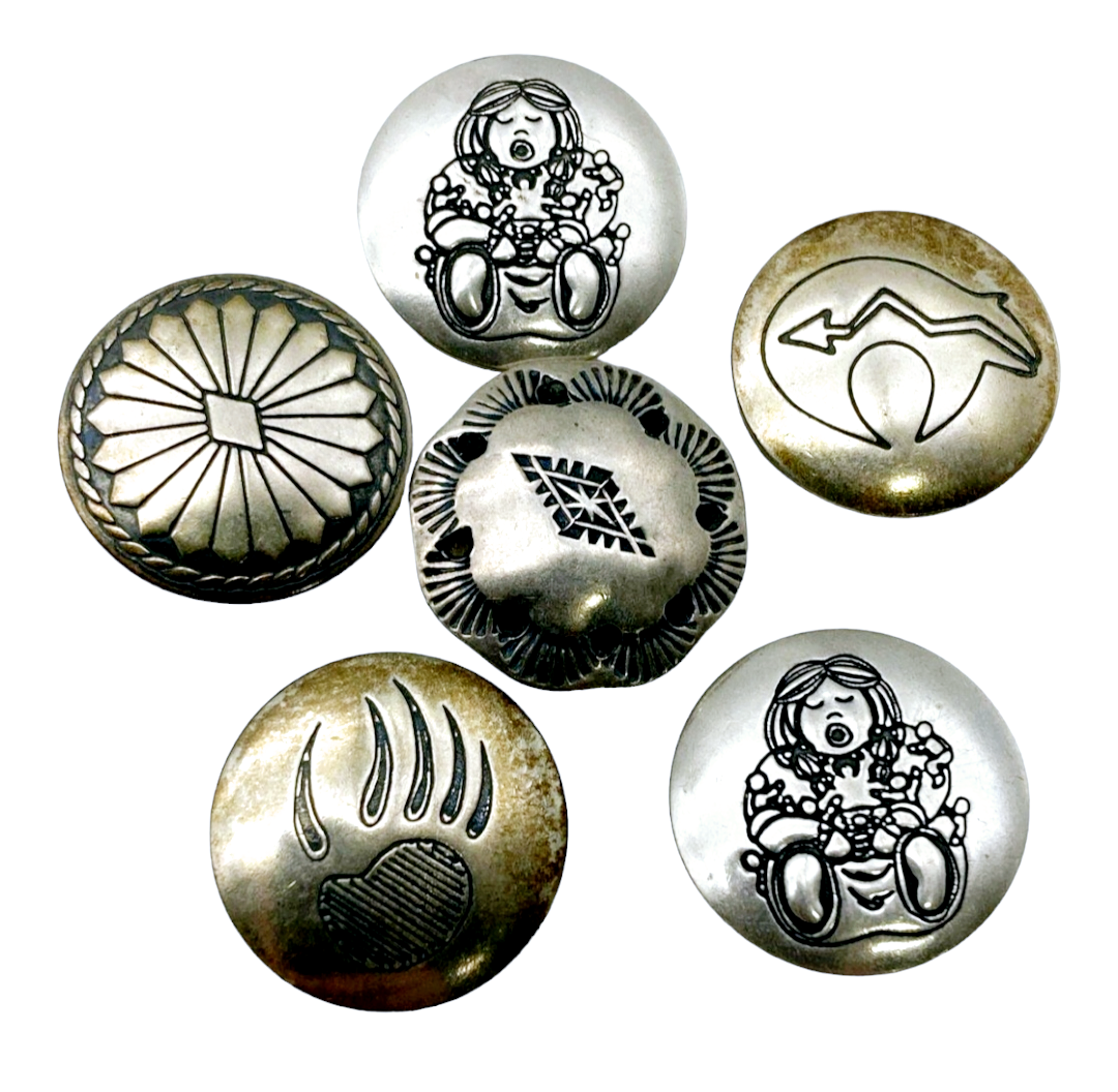 Vtg. Southwestern Silver Button Covers - 6 Mixed Motifs (Bear Paw, Dancer, Sunburst)