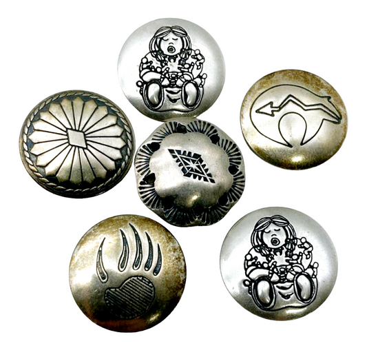 Vtg. Southwestern Silver Button Covers - 6 Mixed Motifs (Bear Paw, Dancer, Sunburst)