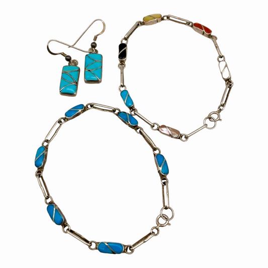 3pc *Sterling Silver Multi Colored Inlaid Jewelry Set [Earrings & 2 Bracelets]