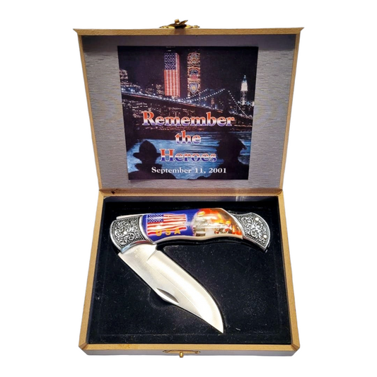 NIB *Commemorative 911 Folding Knife, Locking Blade "Remember The Heros" Box