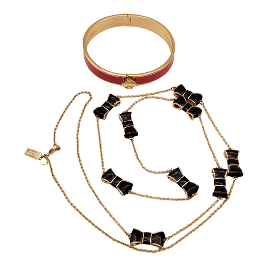 Pretty *Kate Spade Jewelry Set [Gold Necklace w/ Black Bows & Red Heart Bracelet]