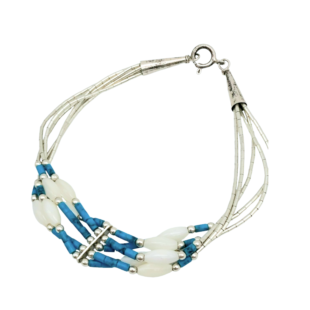 Beautiful *Liquid Silver & Turquoise Beaded 7" Bracelet