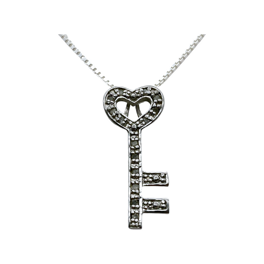 Cute *Sterling Silver .925 Key Pendant & Necklace w/ Diamonds 18" Chain