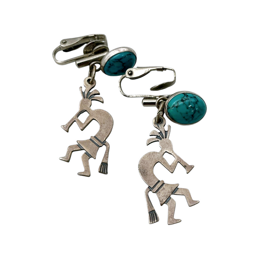 Beautiful *Silver Kokopelli & Turquoise Clip-on Dangle Earrings