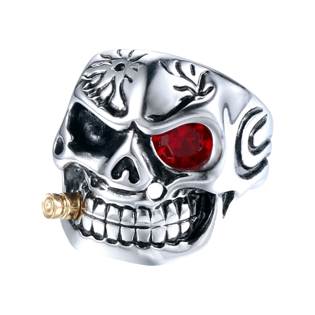 WoW *Stainless Steel Man Skull Red Cubic Zircon Ring Punk Rock Skull (sz 6.5)