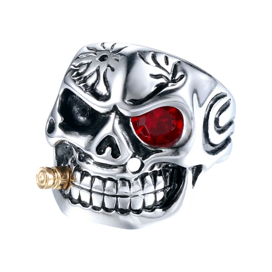 WoW *Stainless Steel Man Skull Red Cubic Zircon Ring Punk Rock Skull (sz 6.5)