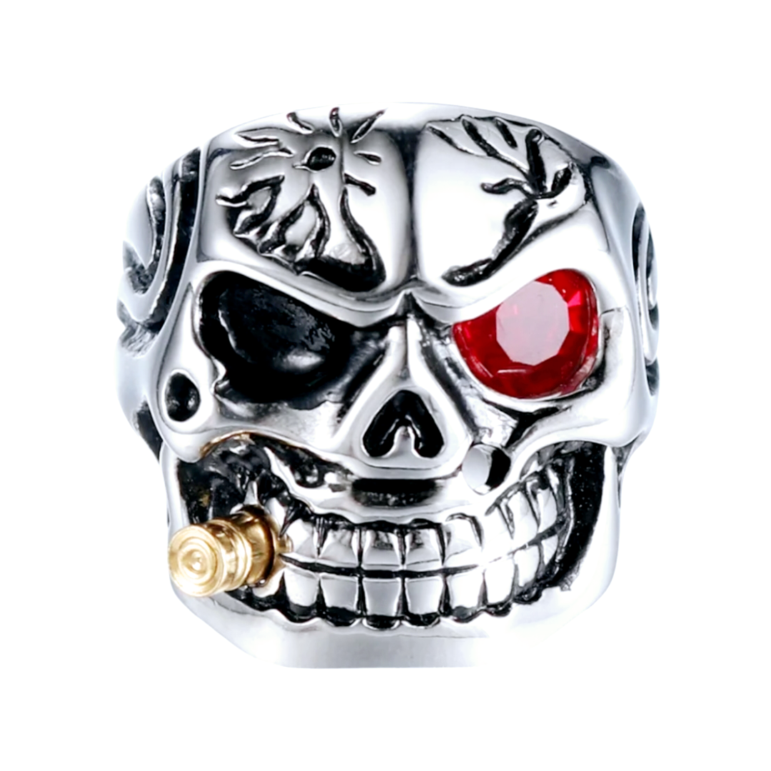 WoW *Stainless Steel Man Skull Red Cubic Zircon Ring Punk Rock Skull (sz 6.5)