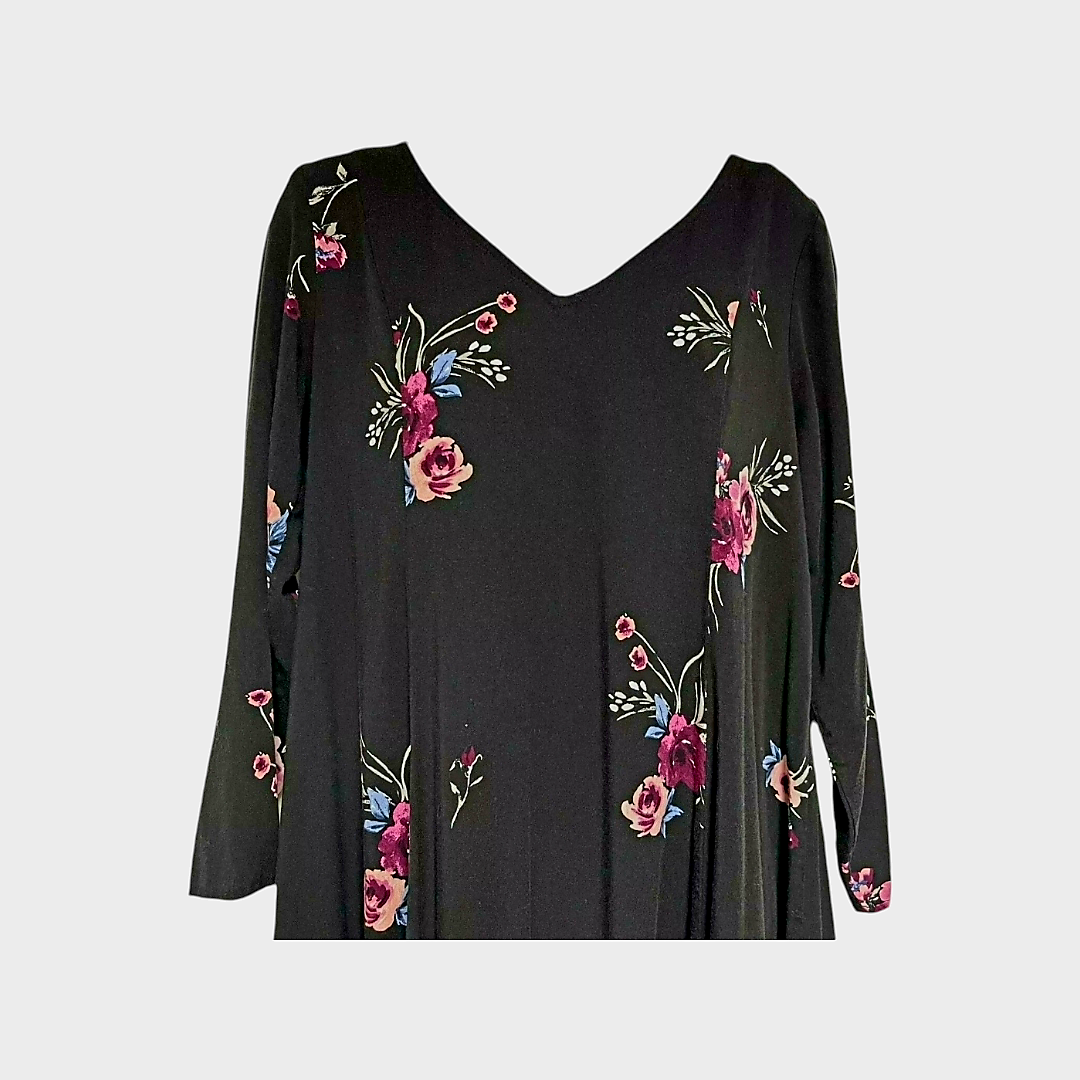 Torrid Black Floral Mini Challis Trapeze Dress w/ Pink Flowers Sz 2X (18/20) #148862