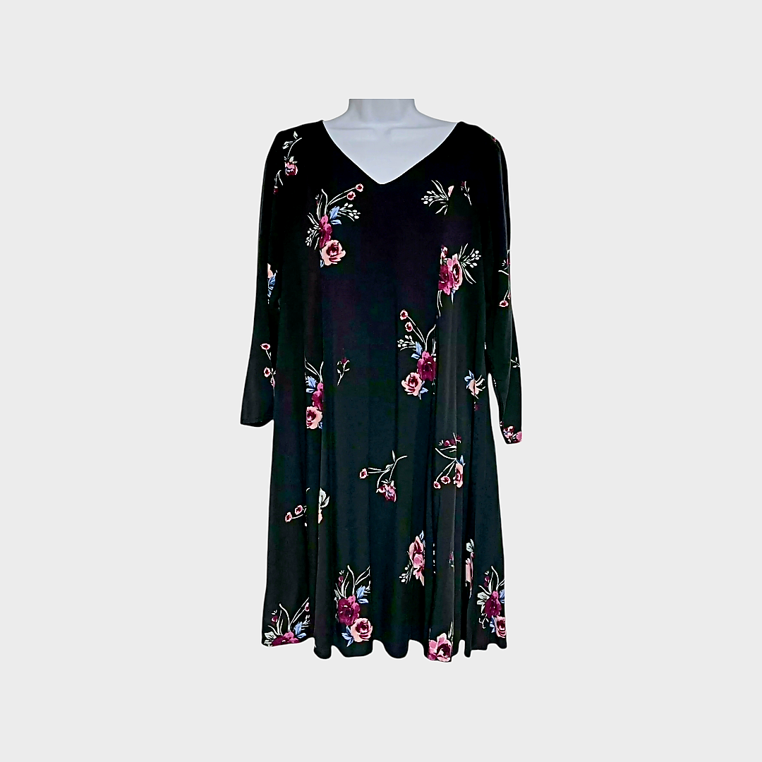 Torrid Black Floral Mini Challis Trapeze Dress w/ Pink Flowers Sz 2X (18/20) #148862