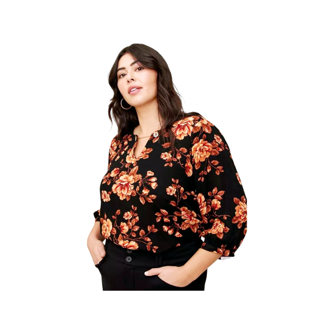 Torrid Crepe Chain Detail Blouse Black w/ Fall Foliage Flowers *Size 2X (18/20)