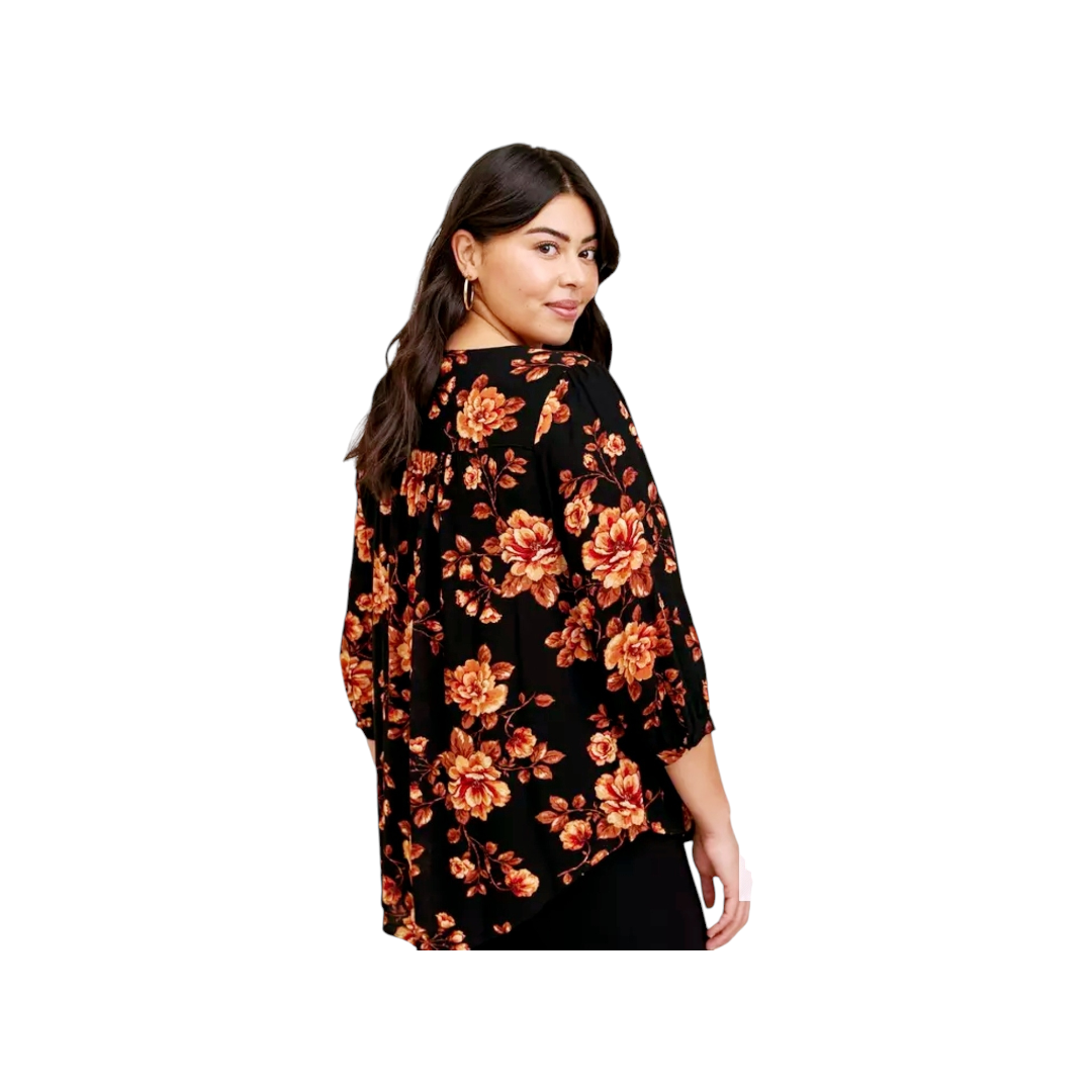 Torrid Crepe Chain Detail Blouse Black w/ Fall Foliage Flowers *Size 2X (18/20)