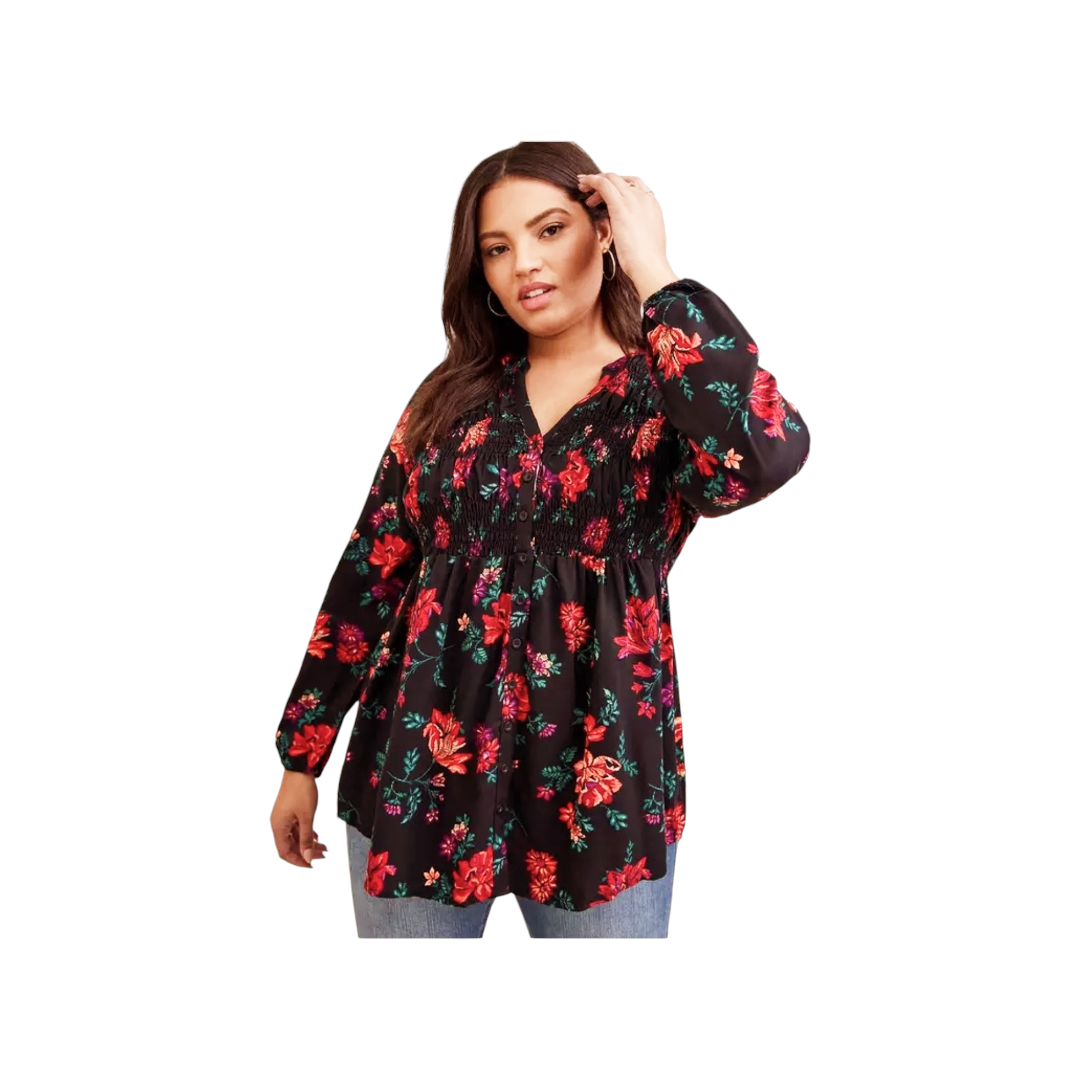 Torrid Rayon Smocked Waist Button-Front Tunic Floral Print Top *Size 2X (18/20)