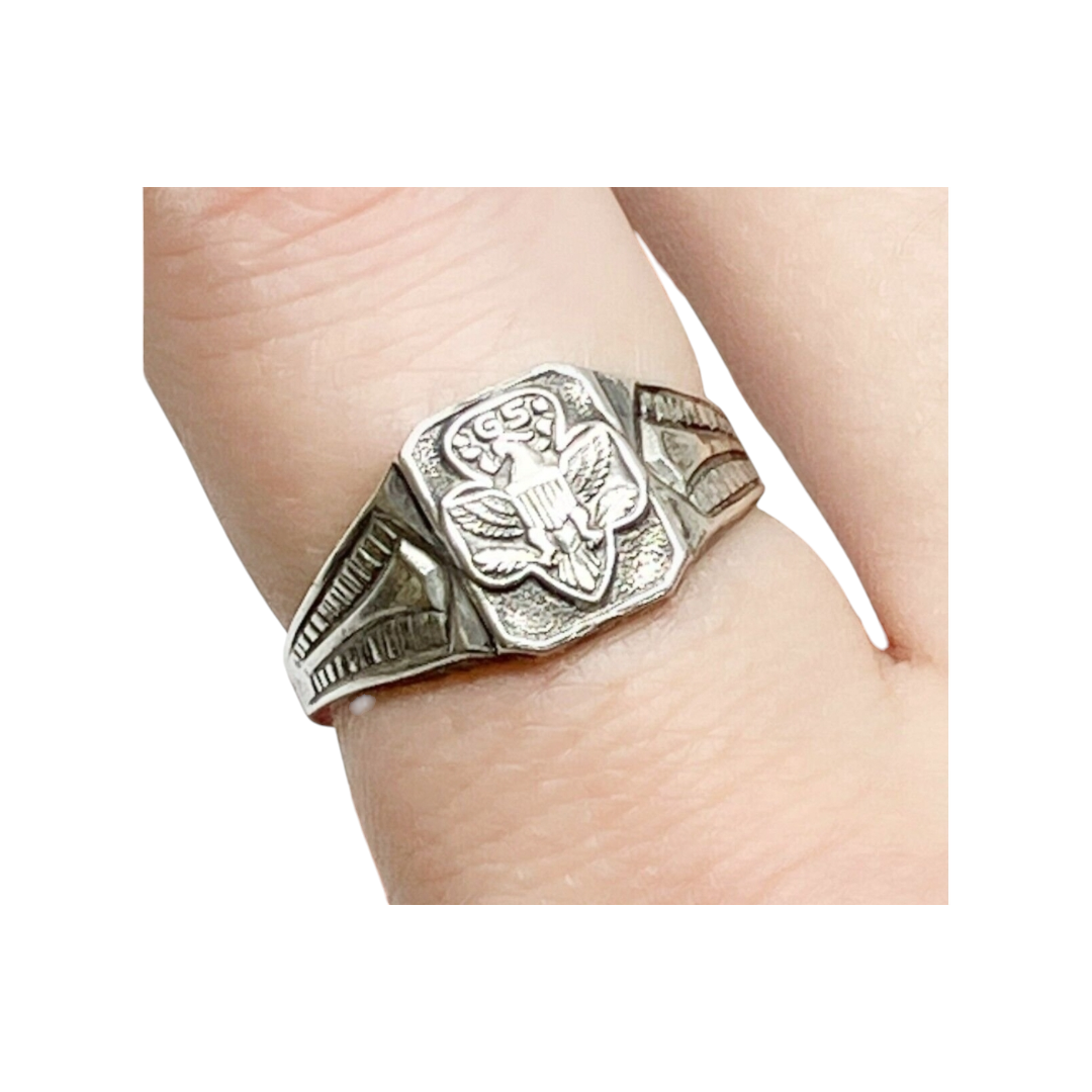 Sterling Silver *Girl Scout Eagle 1920s America Signet Ring w/ Open Sizing .925 (3-8)