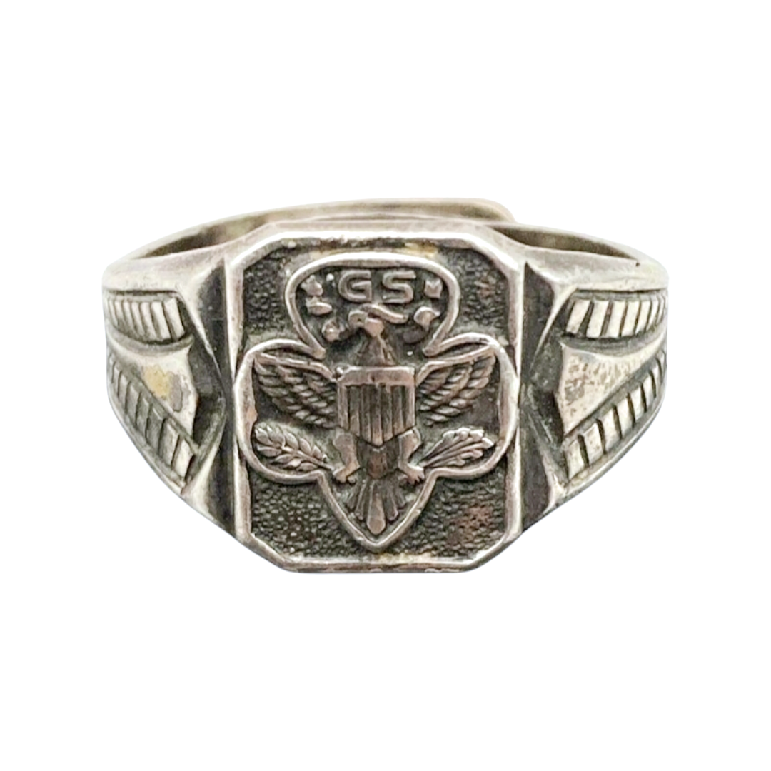 Sterling Silver *Girl Scout Eagle 1920s America Signet Ring w/ Open Sizing .925 (3-8)