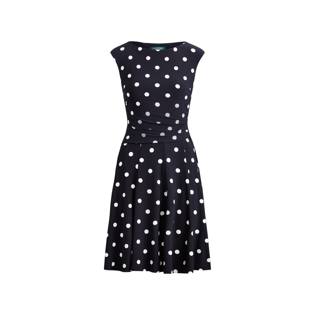 NWT *Ralph Lauren Polka-Dot Jersey Sleeveless Black/White Dress Boat Neck A-Line (12)