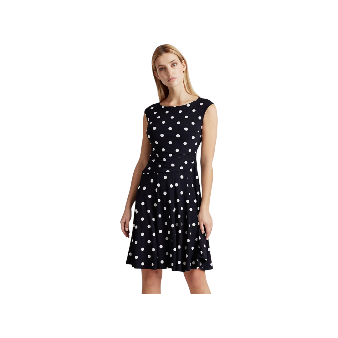 NWT *Ralph Lauren Polka-Dot Jersey Sleeveless Black/White Dress Boat Neck A-Line (12)